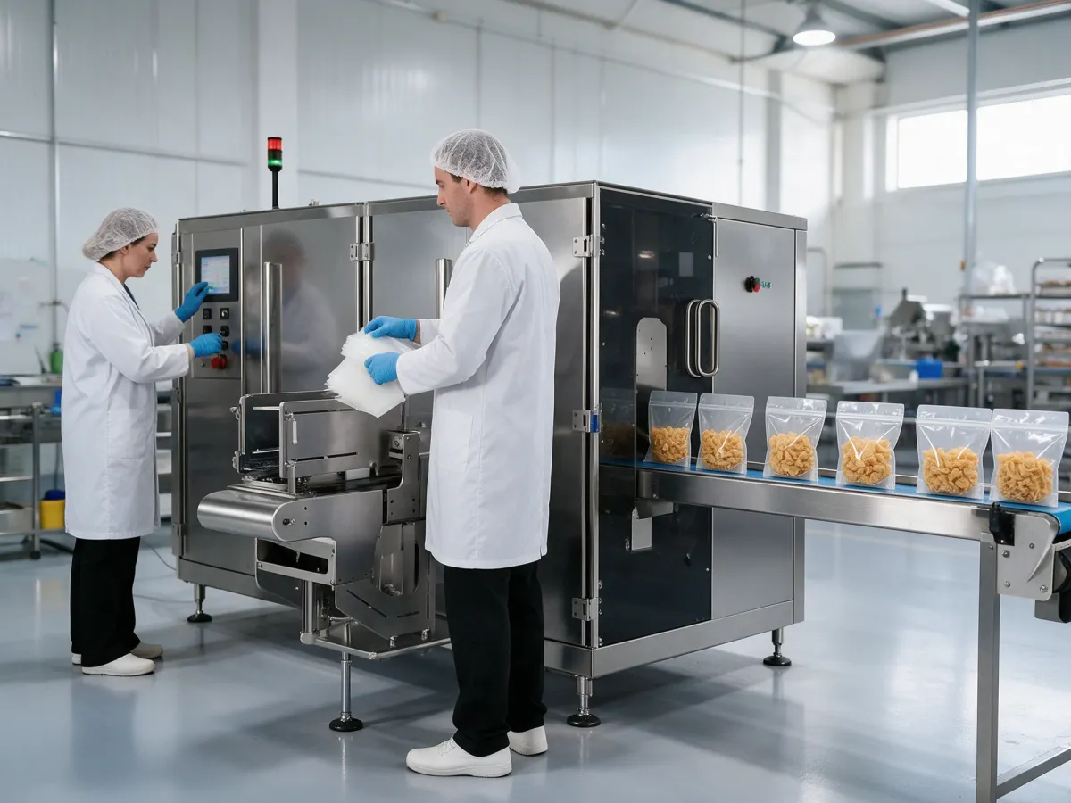 Operarios trabajando con la envasadora horizontal EPY de YM Packaging en una planta alimentaria